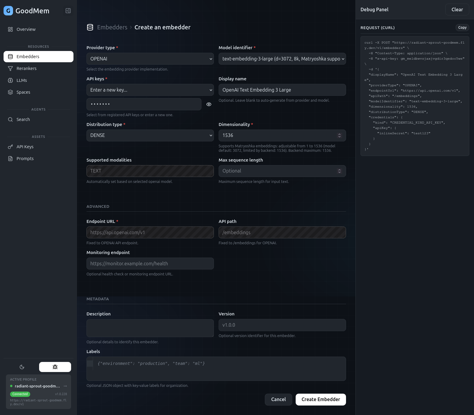 Create Embedder form with the Debug Panel open, showing the generated cURL command