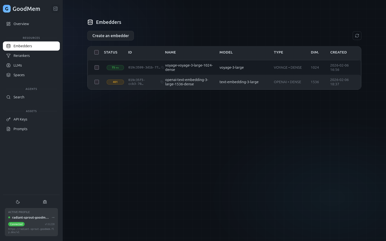 Embedders list view showing two embedders with green and auth error health badges