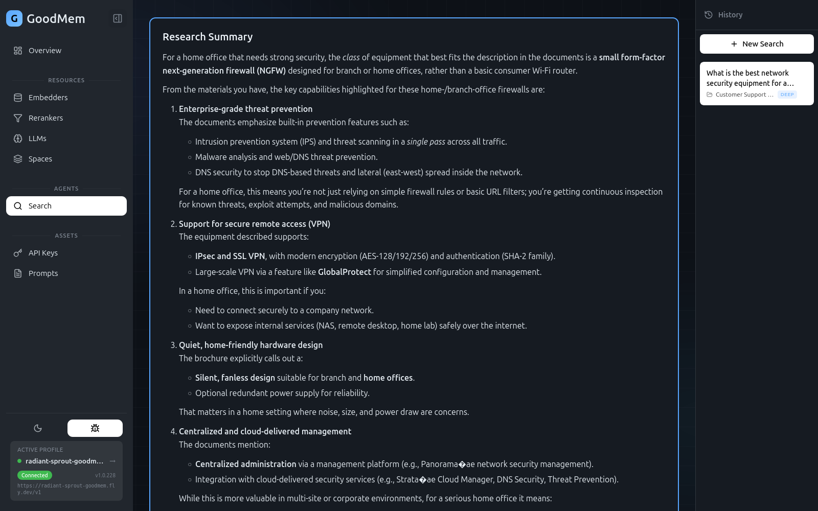 Deep research session showing a detailed research summary with structured findings